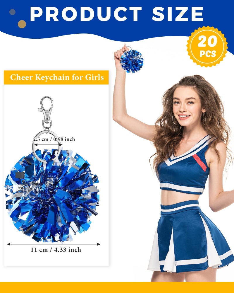 Remuuly 20 Pcs Cheer Pom Pom Keychain Cheerleader Gifts Cheerleading Keyring Charm Foil with Keychain Hooks for Women Accessories (Blue Silver) - Image 2