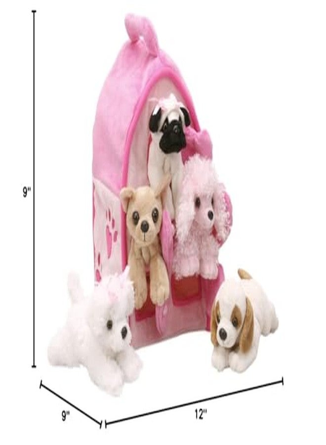 Unipak Plush Pink Dog House with Dogs - Five (5) Stuffed Animal Dogs in Pink Play Dog House Case - Image 3