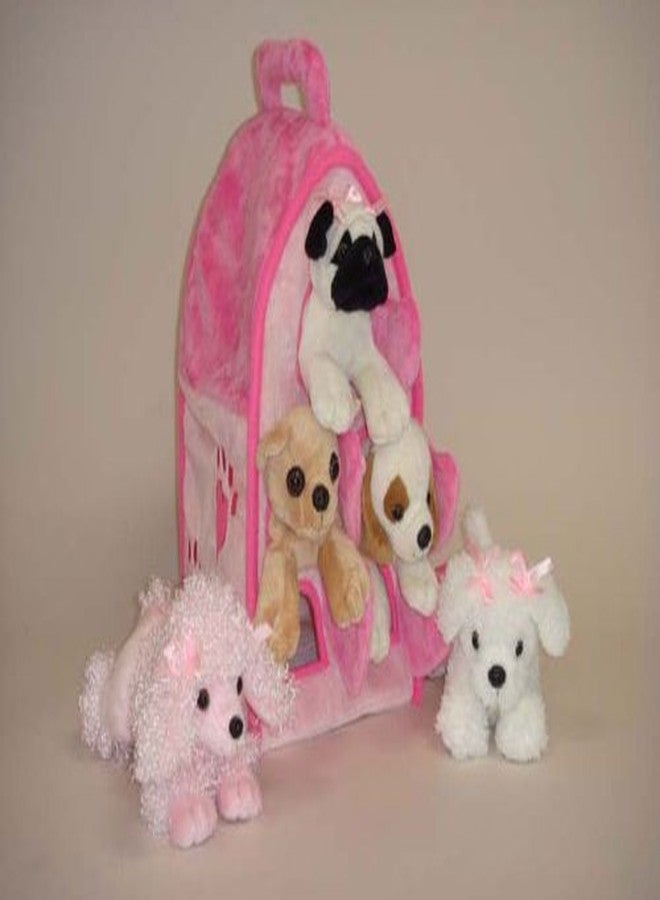 Unipak Plush Pink Dog House with Dogs - Five (5) Stuffed Animal Dogs in Pink Play Dog House Case - Image 1