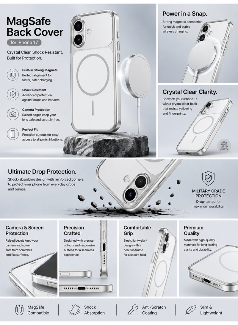 غطاء خلفي MagSafe لهاتف ايفون 17، مقاوم للصدمات مع حماية للكاميرا - فضي - Image 2