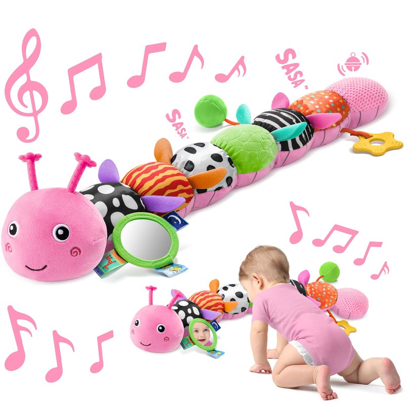 Sumobaby Baby Toys 0-6 6-12 Months Music Caterpillar Plush Toy With Baby Mirror  Pull String&Crinkle Rattle Infant Sensory Toys Tummy Time For 0-3-6-12 Month Boys Girls Newborn Gifts (Pink-Leaf) - Image 1