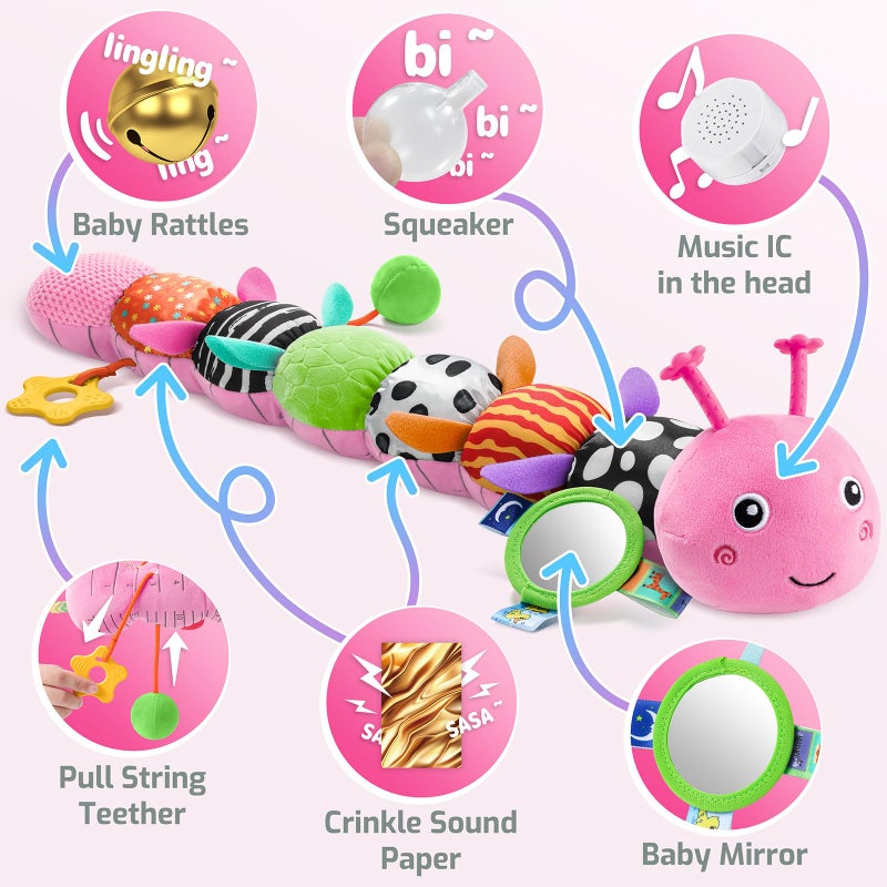 Sumobaby Baby Toys 0-6 6-12 Months Music Caterpillar Plush Toy With Baby Mirror  Pull String&Crinkle Rattle Infant Sensory Toys Tummy Time For 0-3-6-12 Month Boys Girls Newborn Gifts (Pink-Leaf) - Image 3