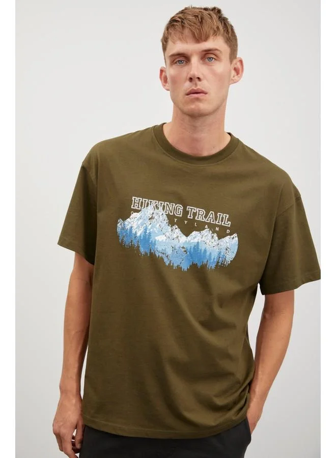 GRIMELANGE Grimelange Ademir Men's Oversize Fit Mountain Print Front Crew Neck Cotton Khaki T-Shirt