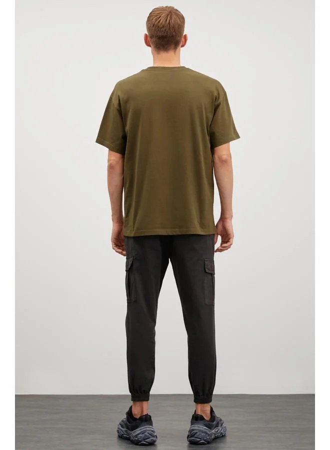 GRIMELANGE Grimelange Ademir Men's Oversize Fit Mountain Print Front Crew Neck Cotton Khaki T-Shirt