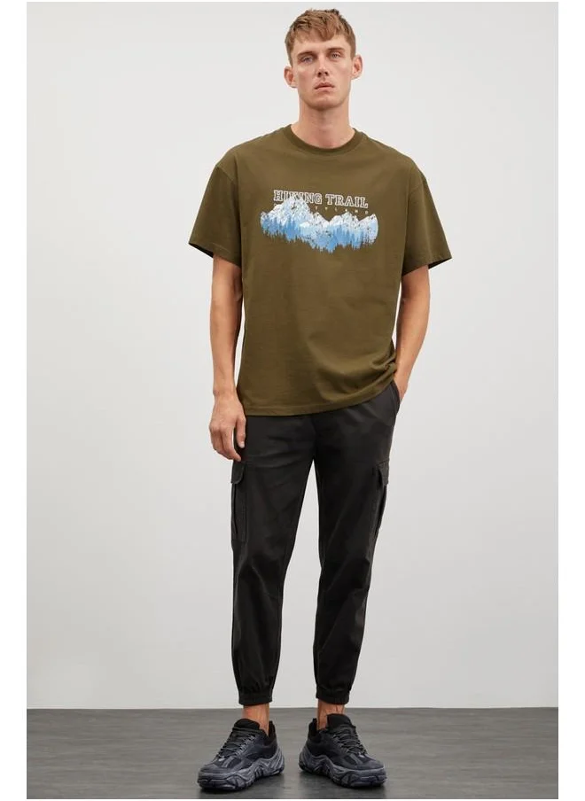 GRIMELANGE Grimelange Ademir Men's Oversize Fit Mountain Print Front Crew Neck Cotton Khaki T-Shirt