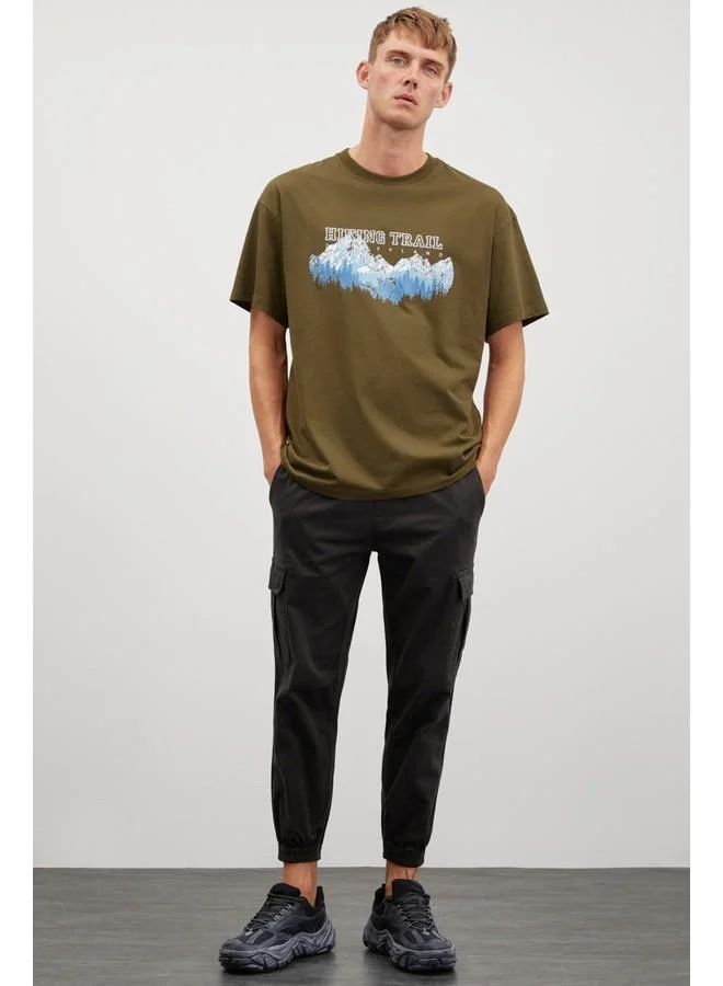 GRIMELANGE Grimelange Ademir Men's Oversize Fit Mountain Print Front Crew Neck Cotton Khaki T-Shirt