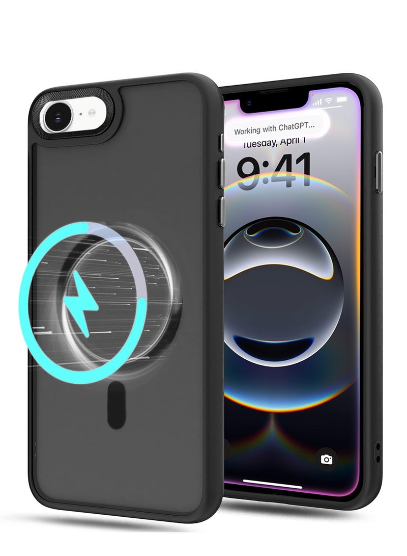 دبليو تيك ابل ايفون 16 اي 5 جي 2025 ظهر بلوري بريميوم غير لامع ، جوانب سيليكون مع غطاء حافظة مدعوم من MagSafe - أسود