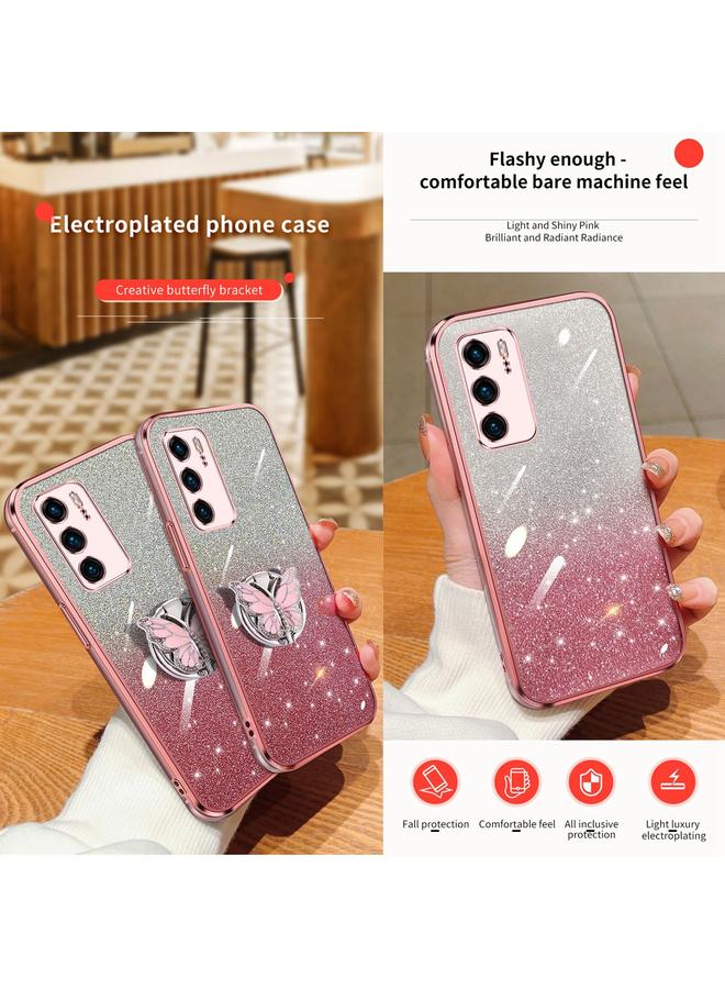 زبون جراب لهاتف Huawei P40، جراب هاتف TPU بحامل على شكل فراشة لامع متدرج اللون - Image 3