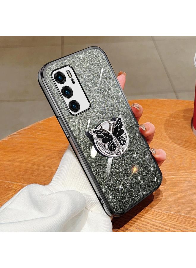 زبون جراب لهاتف Huawei P40، جراب هاتف TPU بحامل على شكل فراشة لامع متدرج اللون - Image 1