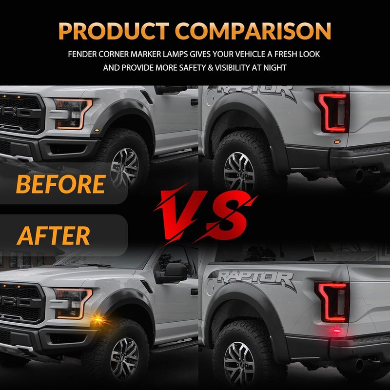 DERMOKA أضواء مؤشرات جانبية من نوع LED للواجهة الأمامية والخلفية لسيارة فورد F150 SVT رابتور 2016-2020، عدسات مدخنة (أحمر كهرماني) - Image 4