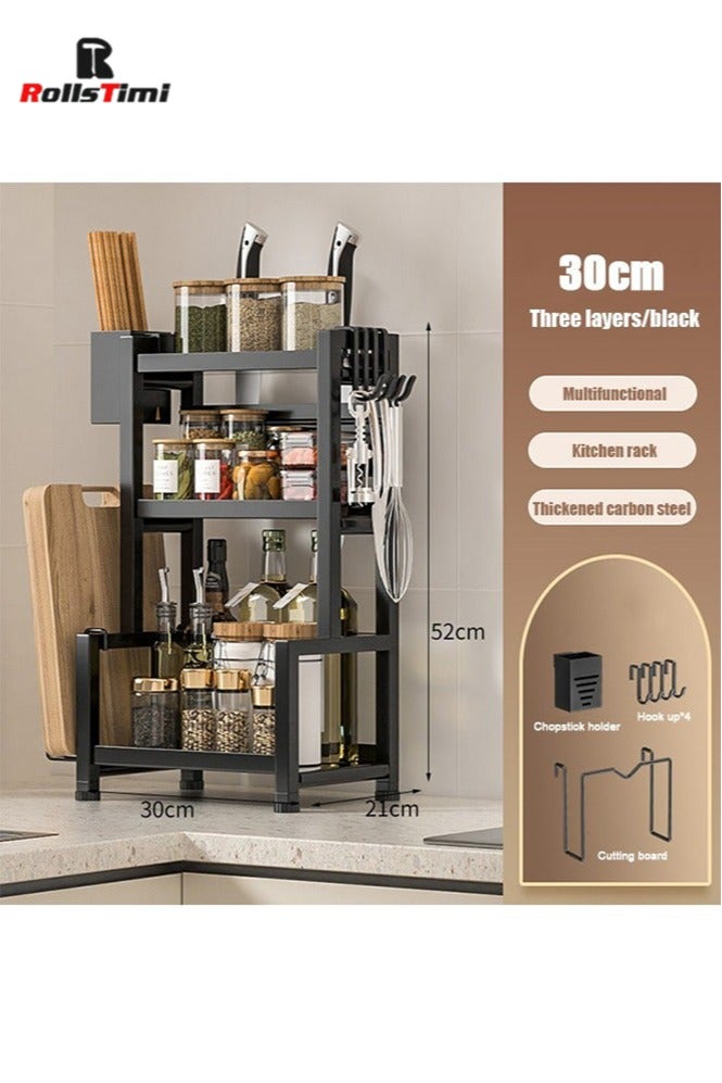 رولستيمي منظم مطبخ من 3 طبقات مع رف توابل وسكين وحامل أواني-محلول تخزين كونترتوب من الحديد الزهر المطلي بالمسحوق للتوابل والضروريات - Image 1