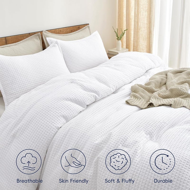 PHF Ultra Soft Waffle Weave 3 Pieces Comforter Set Queen Size, Lightweight Breathable Comfy Textured, Includes 1 Comforter (230cm x 230cm) with 2 Pillow Shams (50 cm x 66 cm), White - Image 3