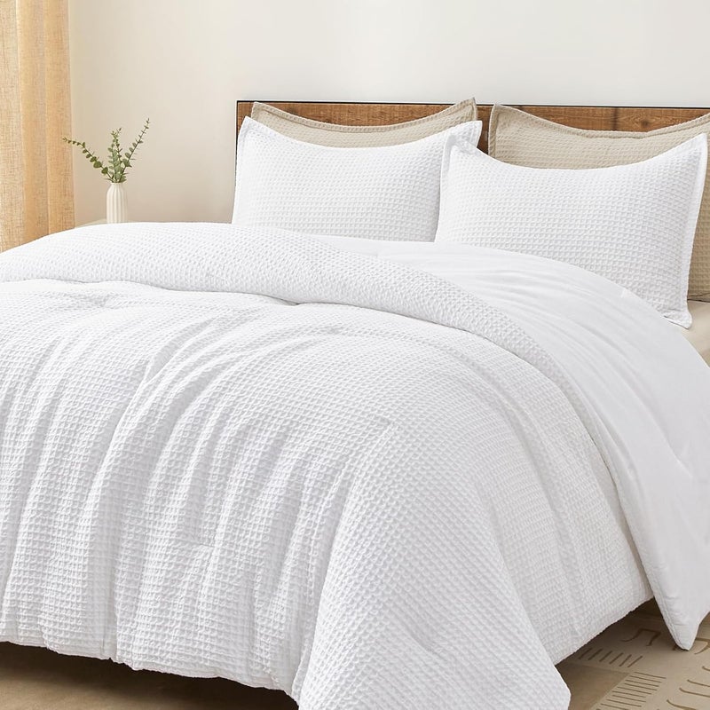 PHF Ultra Soft Waffle Weave 3 Pieces Comforter Set Queen Size, Lightweight Breathable Comfy Textured, Includes 1 Comforter (230cm x 230cm) with 2 Pillow Shams (50 cm x 66 cm), White - Image 1