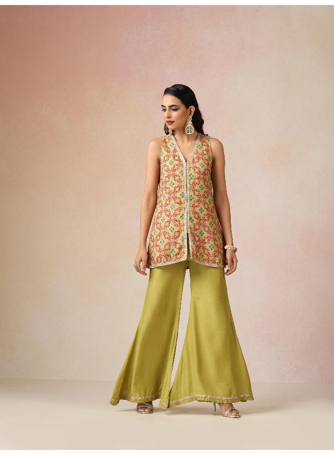 trueBrowns Light Green Pink Jaal Print Viscose Jacket and Flared Pants Co-ord Set - Image 2