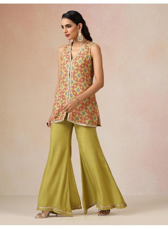 trueBrowns Light Green Pink Jaal Print Viscose Jacket and Flared Pants Co-ord Set - Image 1