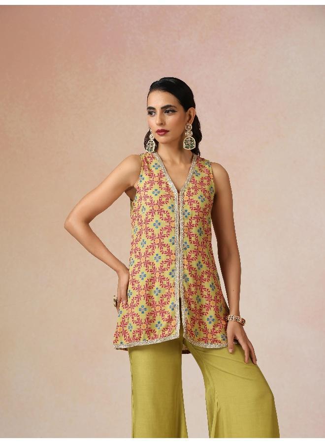 trueBrowns Light Green Pink Jaal Print Viscose Jacket and Flared Pants Co-ord Set - Image 3