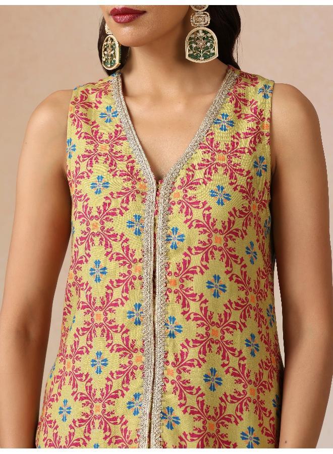 trueBrowns Light Green Pink Jaal Print Viscose Jacket and Flared Pants Co-ord Set - Image 4