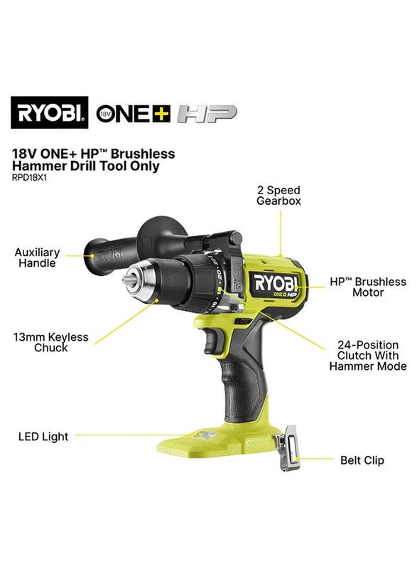 Ryobi Battery Hammer Drill, For Steel / Wood / Masonry, 13 mm, 18V, Without Battery And Charger - Image 4