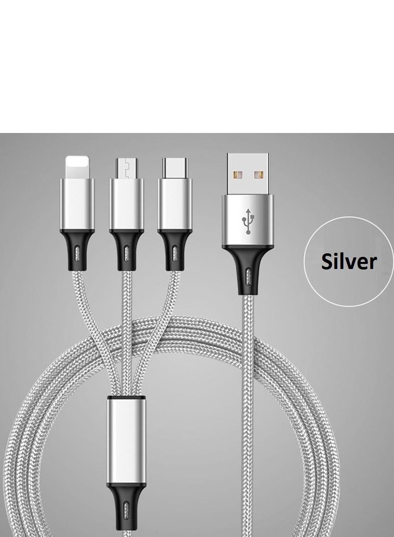Festive Gallery USB Cable 3 in 1 Multi Charging Cable IP Cable USB Type C Cable Micro USB Cable, Fast Charging Cord Compatible with iPhone 14 13 12 11 Galaxy S20 S10 S9 S8 S7 Micro usb Android ( Silver ) - Image 1