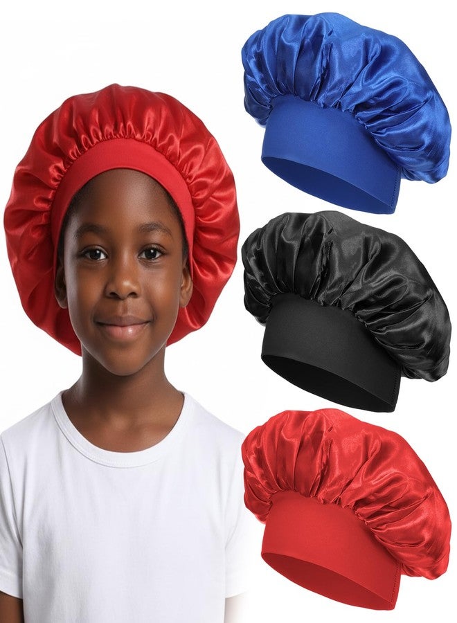 Macuezu 3 PCS Kids Satin Bonnet, Elastic Kids Silk Bonnet for Sleeping, Wide Band Bonnets for Kid, Satin Bonnets for Girls, Boys, Toddler, Child (Blue, Red, Black) - Image 1