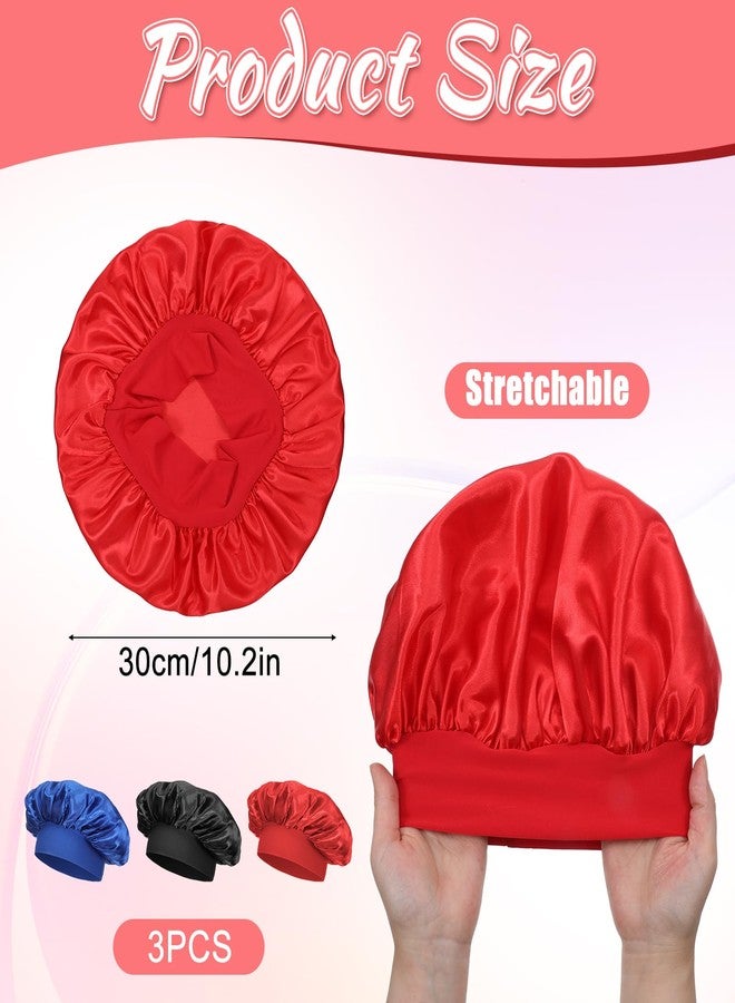 Macuezu 3 PCS Kids Satin Bonnet, Elastic Kids Silk Bonnet for Sleeping, Wide Band Bonnets for Kid, Satin Bonnets for Girls, Boys, Toddler, Child (Blue, Red, Black) - Image 2