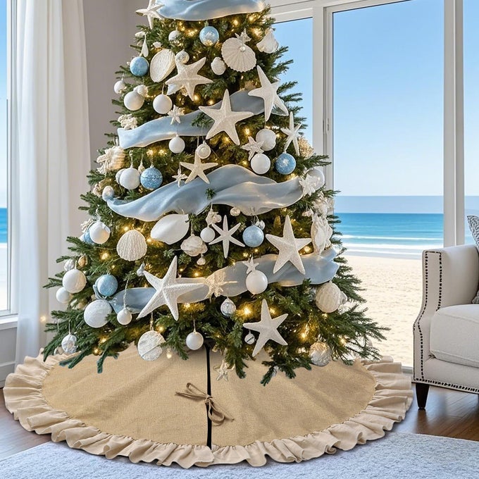48 BURLAP CHRISTMAS TREE SKIRT WITH RUFFLE BORDER SUMMER FARMHOUSE FLOWERS TREE SKIRT LINEN RUSTIC TREE ORNAMENTS FOR FARMHOUSE DECORATIONS