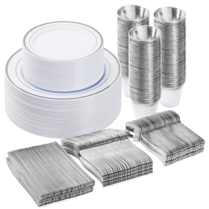 300PCS PLASTIC DINNERWARE SET 50 GUESTS SILVER DISPOSABLE PLATES FOR PARTY WEDDING ANNIVERSARY INCLUDES DINNER PLATES DESSERT PLATES CUPS SPOONS FORKS AND KNIVES