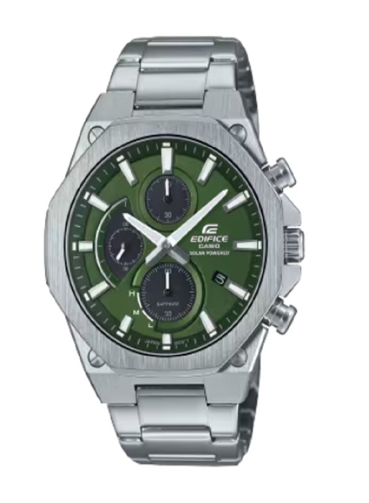 كاسيو إيديفيس EFS-S570D-3AUEF: كرونوغراف رفيع يعمل بالطاقة الشمسية مع كريستال ياقوتي ومينا أخضر جذاب