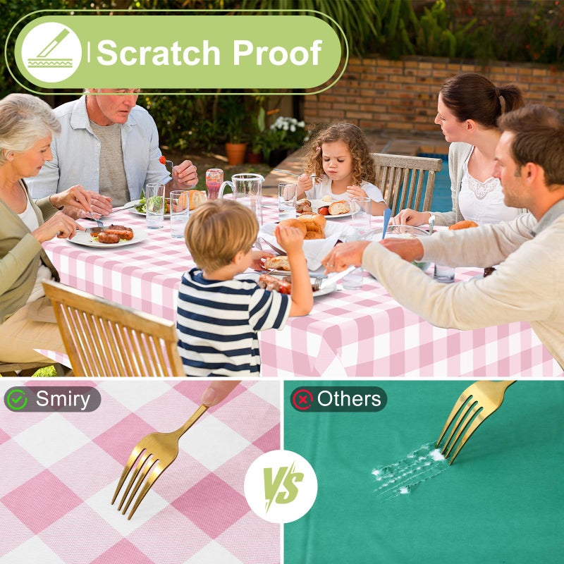Smiry Rectangle Table Cloth, Waterproof Vinyl Tablecloths with Flannel Backing, Wipeable Buffalo Plaid Table Cover for Valentines & Mothers Day Dining Decorations and Outdoor (Pink & White, 60"x84") - Image 5