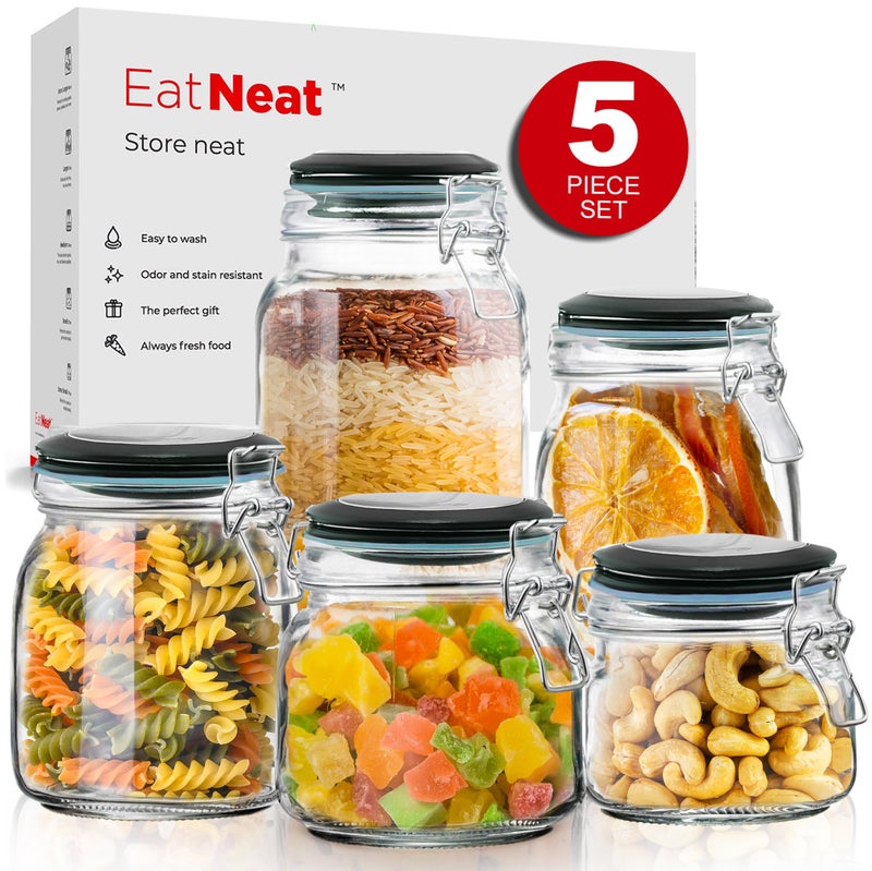 EatNeat EatNeat Set of 5 Glass Storage Jars  Glass Canister wBail  Trigger Clasp Lid  Assorted Premium Food Containers for Pantry Storage Organization  Includes Black Labels and White Marker 