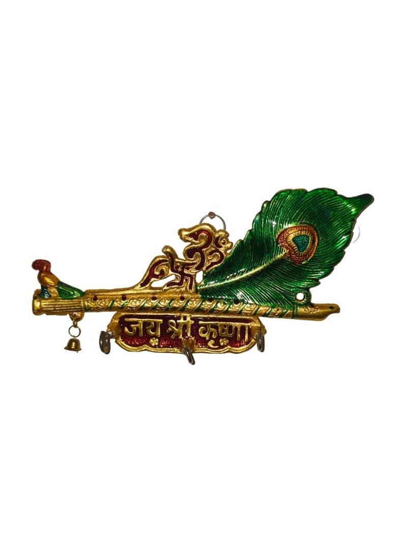 Artezaa Jai Shri Krishna, Flute and Antique Peacock Feather Shaped Metal Key Holder Wall Hanging with 3 Hooks Home and Office Wall Hanging Gift for Every Occasion Showpiece (Size:10" Inch) - Image 4