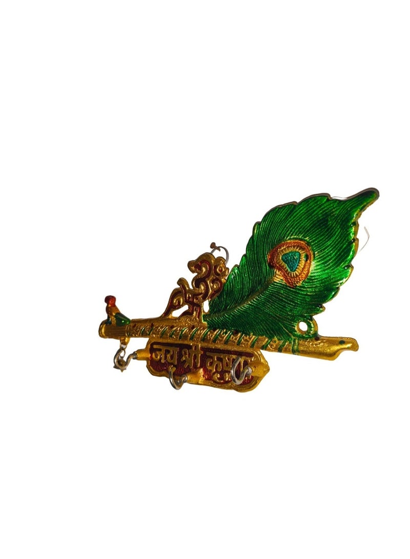 Artezaa Jai Shri Krishna, Flute and Antique Peacock Feather Shaped Metal Key Holder Wall Hanging with 3 Hooks Home and Office Wall Hanging Gift for Every Occasion Showpiece (Size:10" Inch) - Image 3