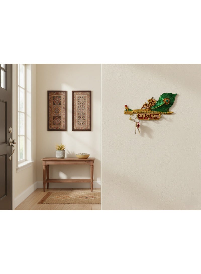 Artezaa Jai Shri Krishna, Flute and Antique Peacock Feather Shaped Metal Key Holder Wall Hanging with 3 Hooks Home and Office Wall Hanging Gift for Every Occasion Showpiece (Size:10" Inch) - Image 2