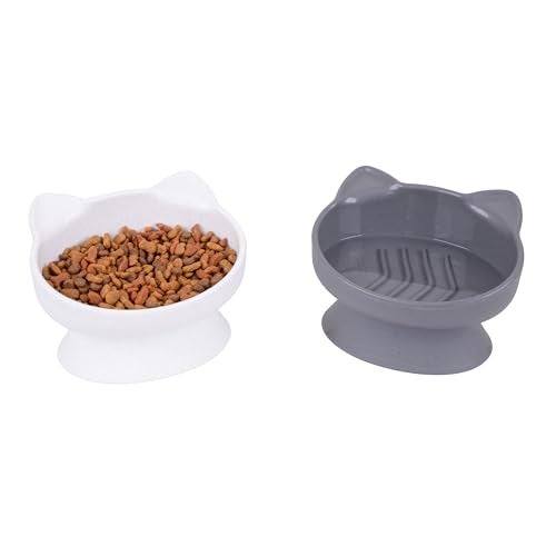 Kitty City Elevated Slow Feeder Cat Bowls Set of 2 WhiskerFriendly Raised Cat Food Dishes with Ridges Helps Reduce Fast Eating Digestion Issues Dishwasher Safe 65 oz White Gray - Image 1