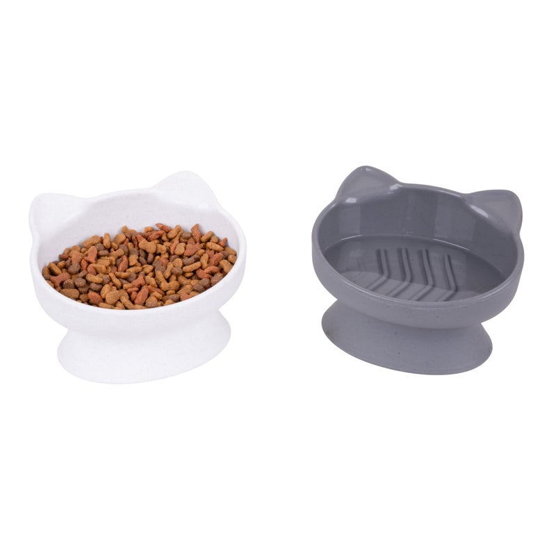 Kitty City Elevated Slow Feeder Cat Bowls Set of 2 WhiskerFriendly Raised Cat Food Dishes with Ridges Helps Reduce Fast Eating Digestion Issues Dishwasher Safe 65 oz White Gray - Image 2