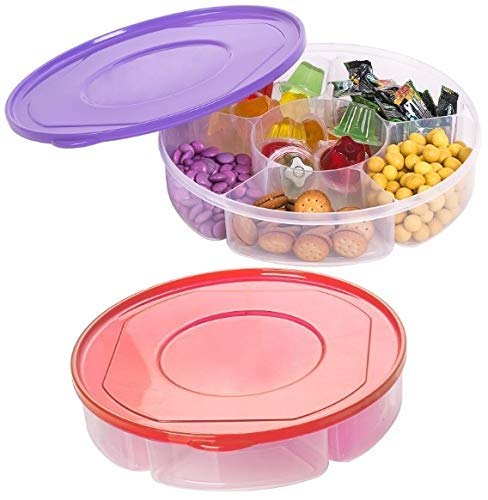 Zilpoo Zilpoo 2 Pack  Candy and Nut Serving Container Appetizer Tray with Lid 6 Compartment Round Plastic Food Storage Lunch Organizer Divided Christmas Keto Snack Plate Dish Platter wCover 10Inch 