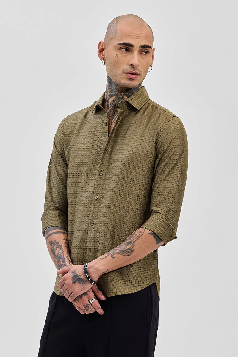 SNITCH Olive Green Textured Long Sleeve Slim Fit Shirt
