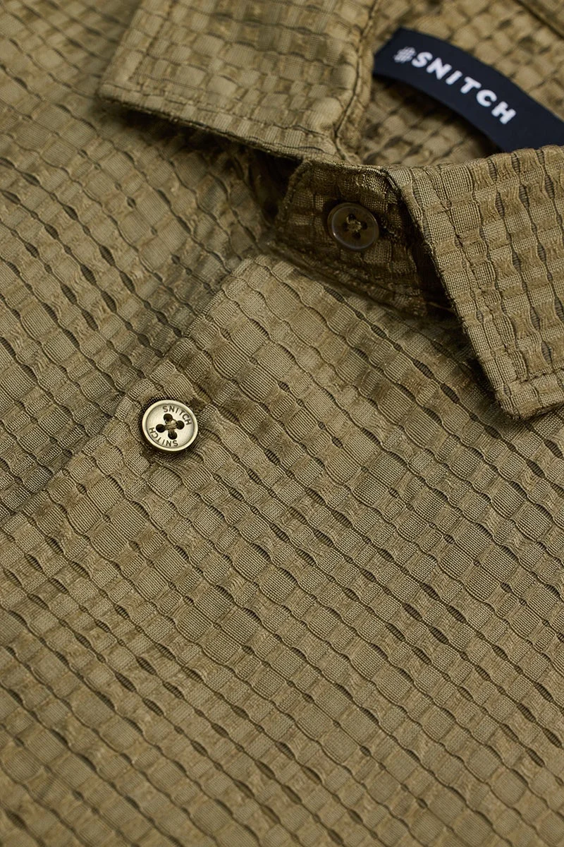 SNITCH Olive Green Textured Long Sleeve Slim Fit Shirt