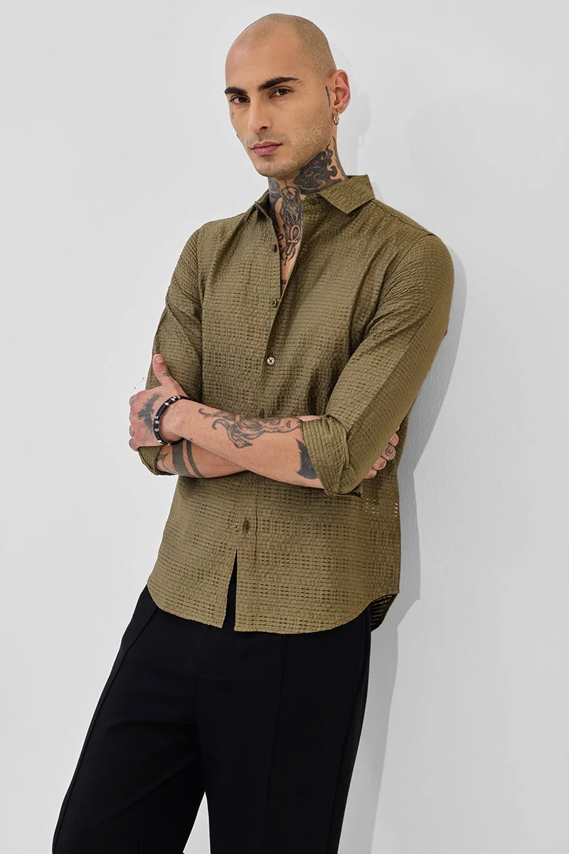 سنيتش Olive Green Textured Long Sleeve Slim Fit Shirt