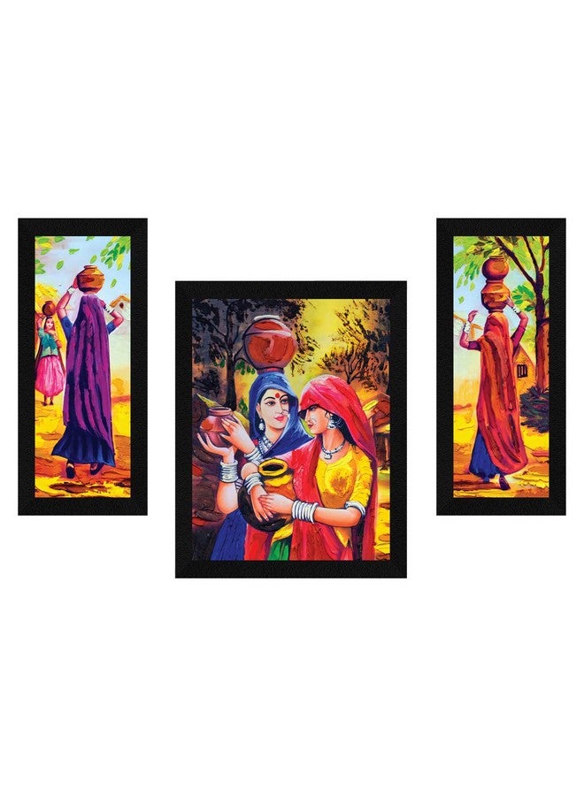 ArtX Paper Vastu Indian Village Scene Women Wall Art Painting, Multicolor, Indian Villlage, 13.0 X 22.0 Inches, Set of 3 - Image 1