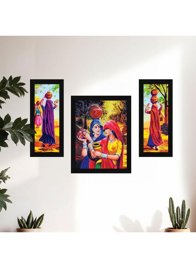 ArtX Paper Vastu Indian Village Scene Women Wall Art Painting, Multicolor, Indian Villlage, 13.0 X 22.0 Inches, Set of 3 - Image 4