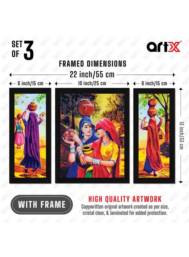ArtX Paper Vastu Indian Village Scene Women Wall Art Painting, Multicolor, Indian Villlage, 13.0 X 22.0 Inches, Set of 3 - Image 2