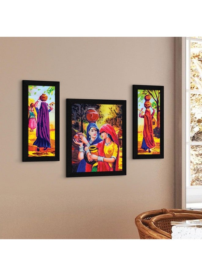 ArtX Paper Vastu Indian Village Scene Women Wall Art Painting, Multicolor, Indian Villlage, 13.0 X 22.0 Inches, Set of 3 - Image 3