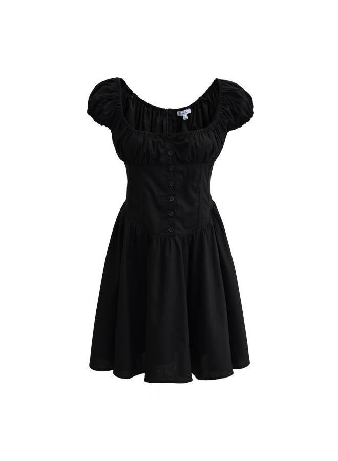 European And American Vacation Style Women's Puff Sleeve Slim-fit Tight Waist Buckle Half-open Large Skirt Dress Pleated Vic Skirt