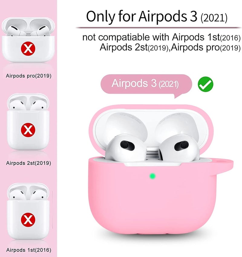 OJOS Case AirPods 3 Cover, Silicone Protective Accessories Skin with Keychain Compatible with Apple AirPod 3rd Generation 2021, Front LED Visible- Pink - Image 2