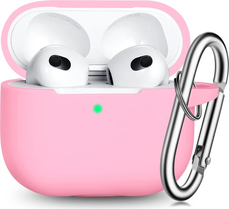 OJOS Case AirPods 3 Cover, Silicone Protective Accessories Skin with Keychain Compatible with Apple AirPod 3rd Generation 2021, Front LED Visible- Pink - Image 1