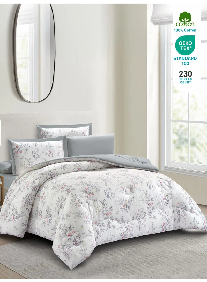 Donetella Cotton 6-Piece King Comforter Bedding Set Fits 200x200 cm – 350 GSM Filling with Fitted Sheet, Pillow Shams & Pillowcases, Stylish Printed Elegance