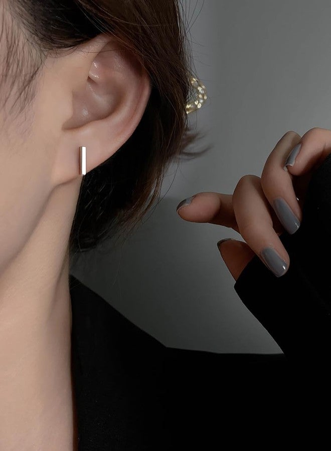 Reffeer Solid 925 Sterling Silver Bar Studs Earrings for Women Teen Girls Minimalist Post Stud Earrings Hypoallergenic (A-Silver) - Image 2