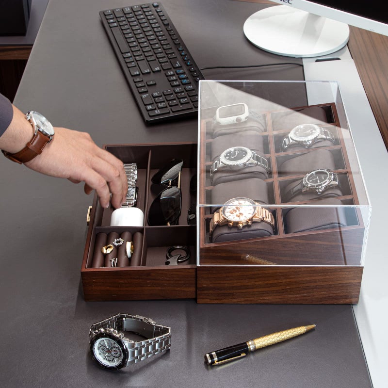 KAMIER Watch Box for Men, 10 Slots Mens Watch Case with Glass Lid, Watch Display Case With Drawer, 2-Layer Watch Holder Organizer, Jewelry and Watch Storage for Men Women, Walnut - Image 2