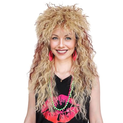 ColorGround Long Curly 80s Women Blonde with Reddish Brown Rocker Wig - Image 1